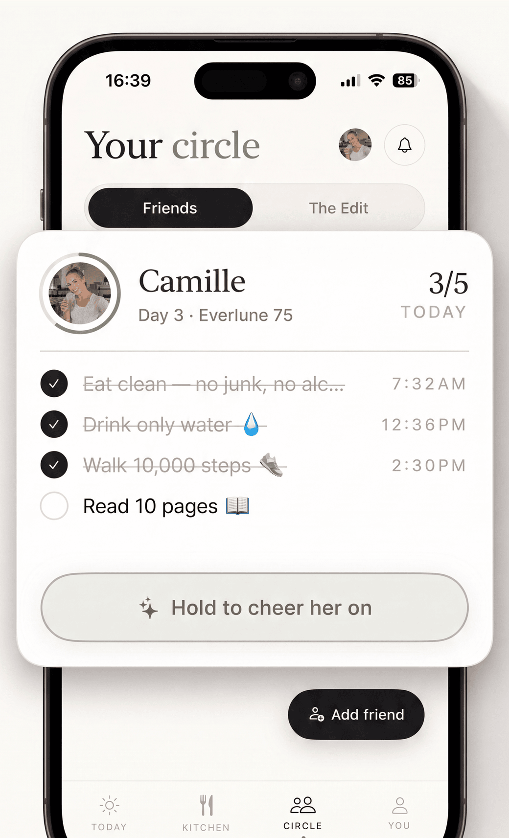 The Everlune Circle screen on an iPhone: the heading Your circle with Friends and The Edit tabs, and a friend card for Camille on Day 3 of Everlune 75 with three of five rituals ticked and a Hold to cheer her on button.